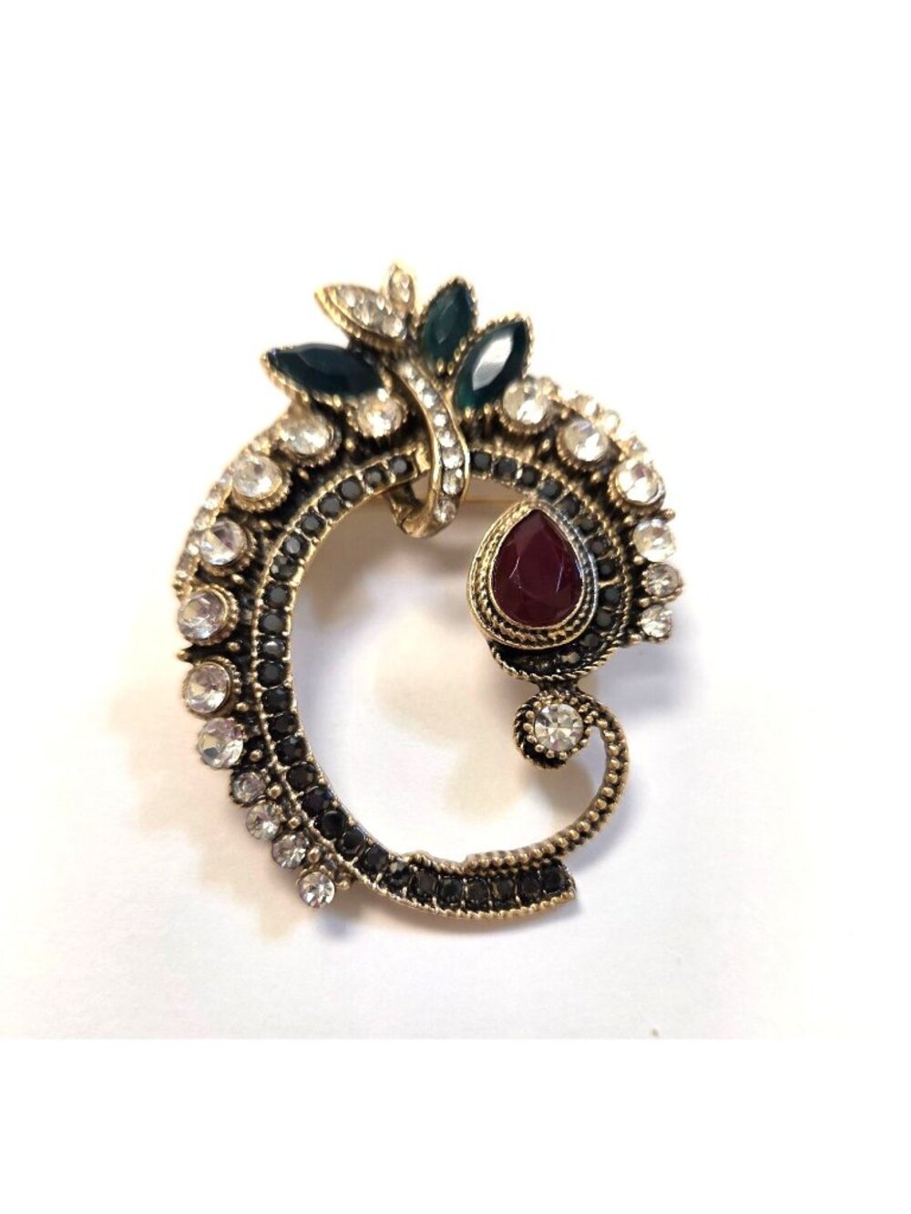 Crystal & Gemstone Brooch With Gold-Tone Metal Marquise Green & Ruby Red Accents